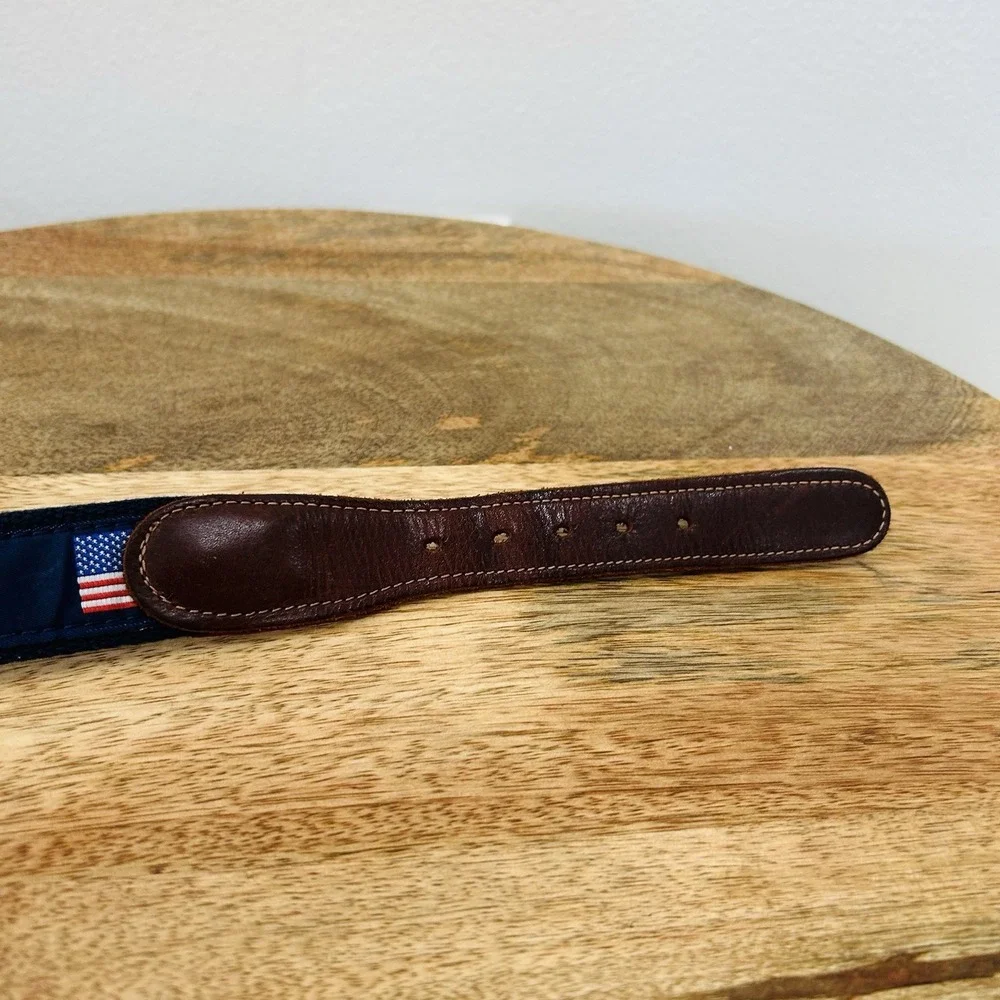 Preston Navy Canvas and Leather Belt With American Flag Size 34 USA Patriotic